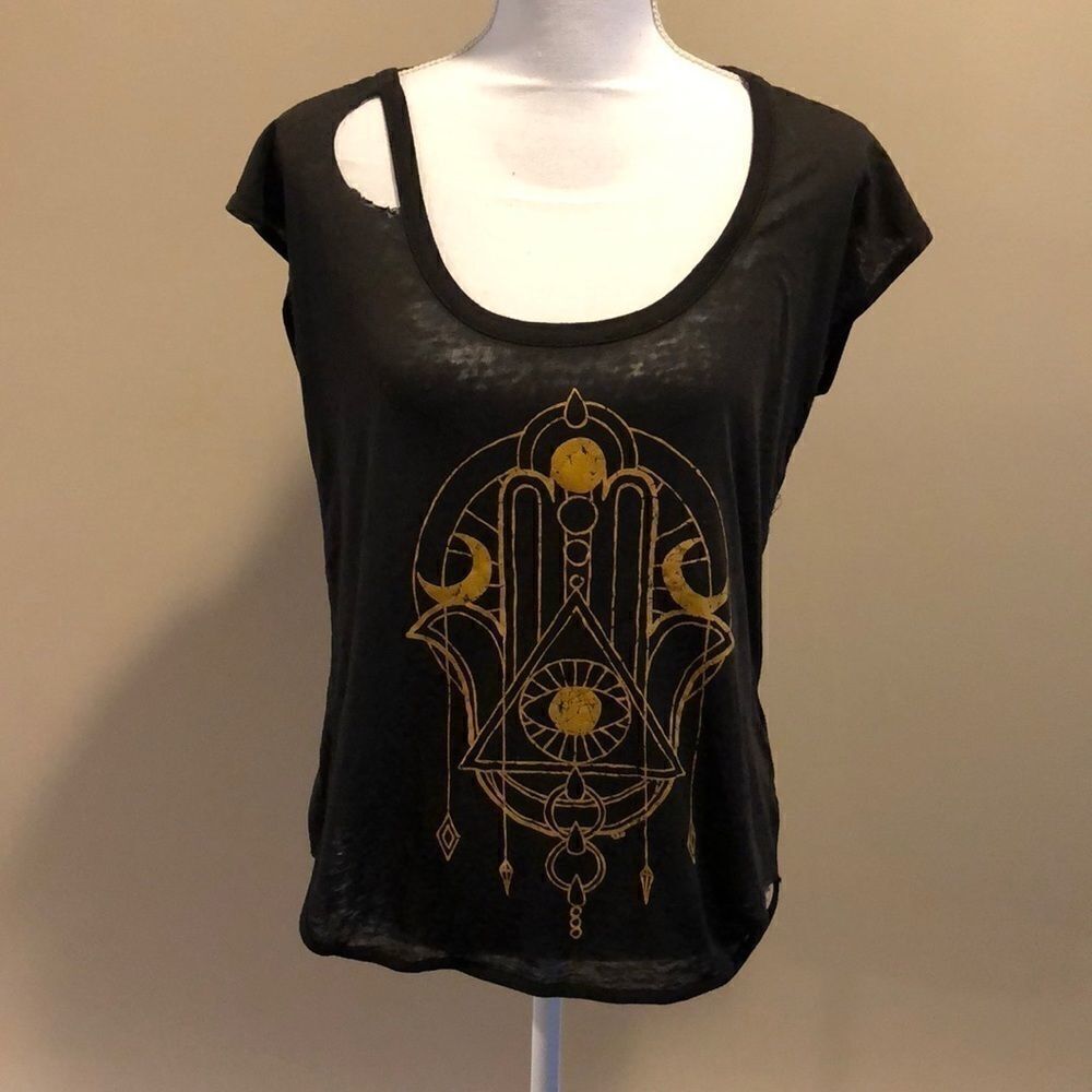 Chaser Dark Gray Distressed Graphic Top Gold Hamsa Evil Eye Moon Medium